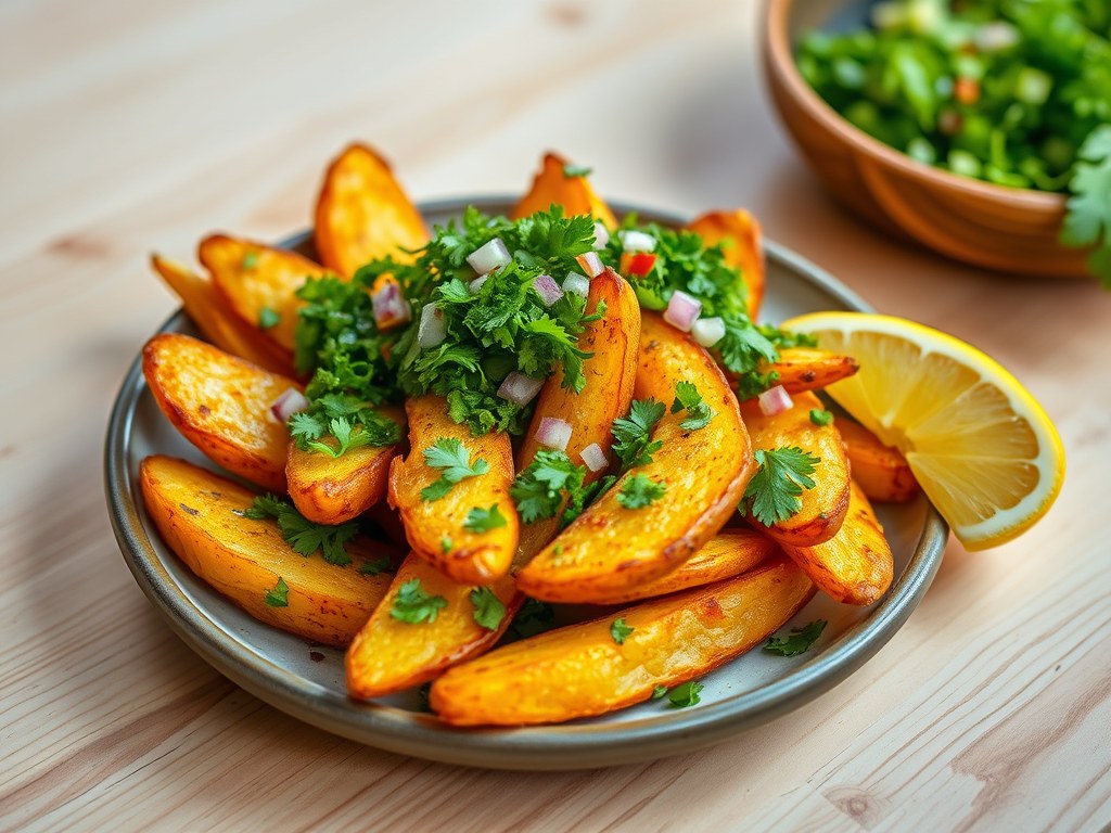 Geroosterde aardappelen met koriandersalsa, AI-gegenereerde illustratie