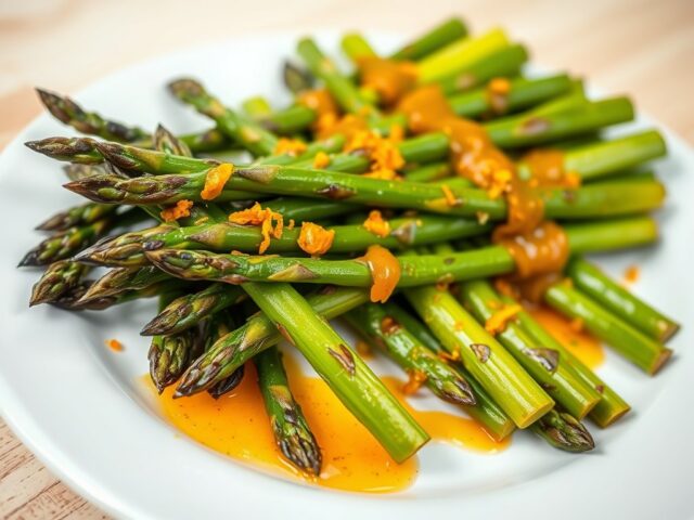 Geroosterde groene asperges met sinaasappelvinaigr