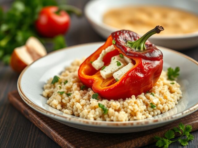 Geroosterde paprika’s met geitenkaas en couscous — AI-gegenereerde illustratie