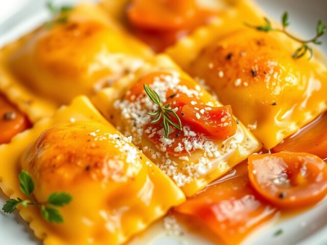 Geroosterde pompoen ravioli met salie