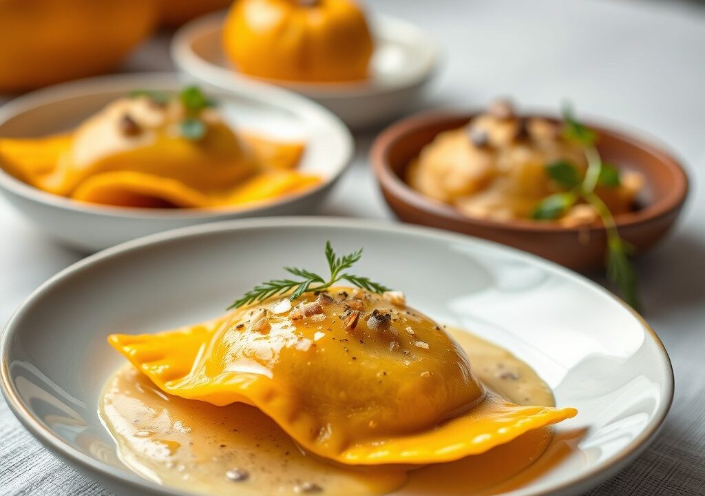 Geroosterde pompoen ravioli met salie en boter saus, AI-gegenereerde illustratie