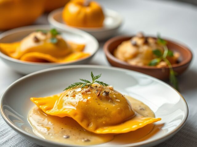 Geroosterde pompoen ravioli met salie en boter saus