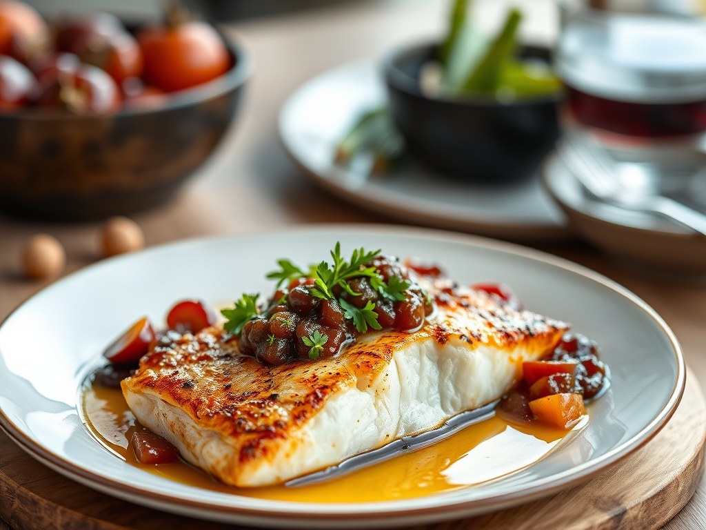 Geroosterde tilapiafilet met sjalottencompote, AI-gegenereerde illustratie