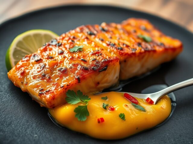 Geroosterde zalmfilet met een marinade van Solo, chili en mango