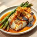 geroosterde zeebaars met asperges, lamsoor en gefrituurde uien