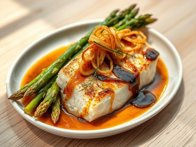 geroosterde zeebaars met asperges, lamsoor en gefrituurde uien