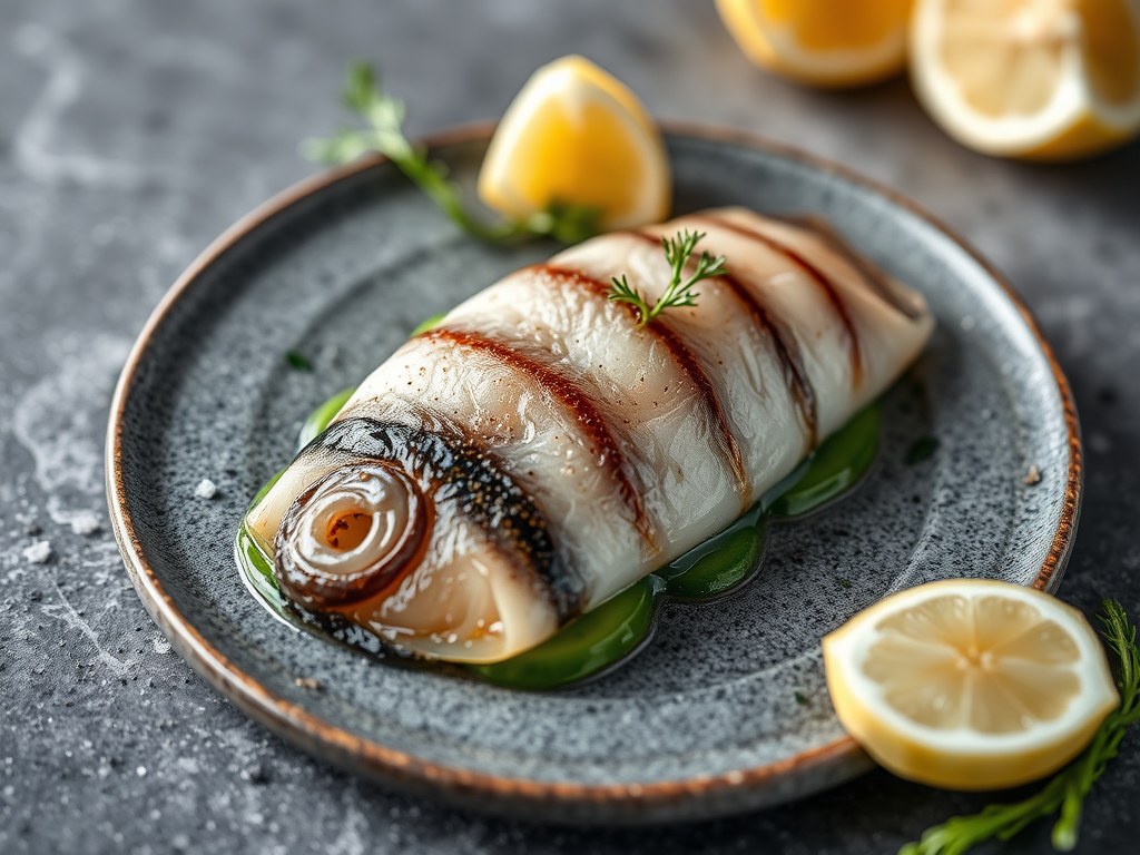 Geschroeide sashimi van makreel met gember, AI-gegenereerde illustratie