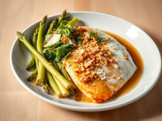 Gesmoorde asperges met snoekbaars en crumble van amandelen