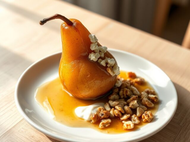 Gestoofd peertje met roquefort en honing-noten saus