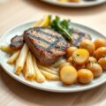 Gestoofd witloof met krielaardappeltjes en steak