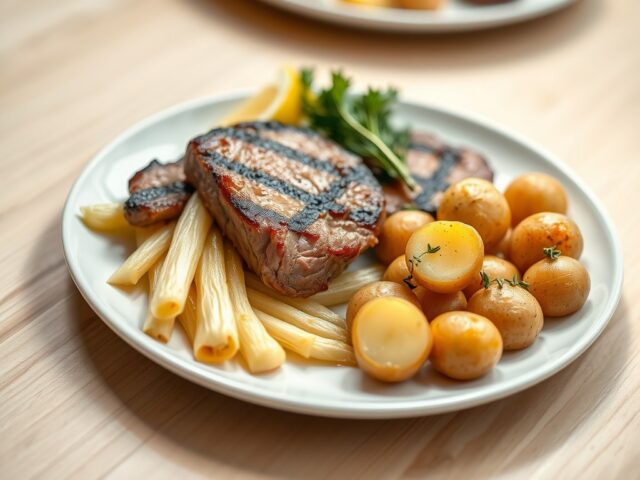 Gestoofd witloof met krielaardappeltjes en steak