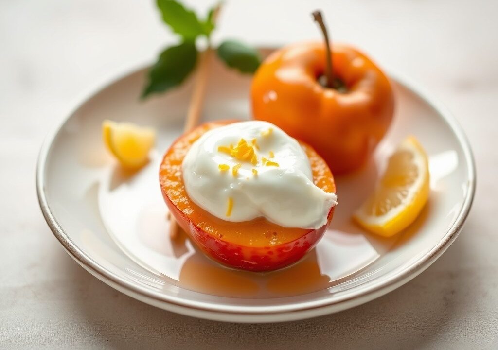 Gestoofde appeltjes met vanilleyoghurt, AI-gegenereerde illustratie