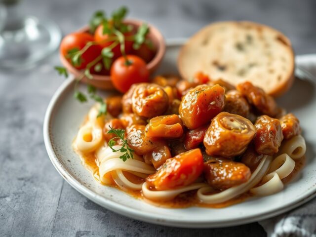 Gestoofde gans met perensaus