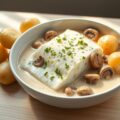 Gestoofde kabeljauw met champignons, groene kruiden
