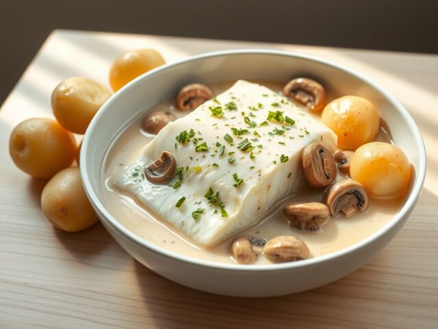 Gestoofde kabeljauw met champignons, groene kruiden