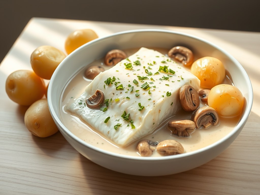Gestoofde kabeljauw met champignons, groene kruiden, AI-gegenereerde illustratie