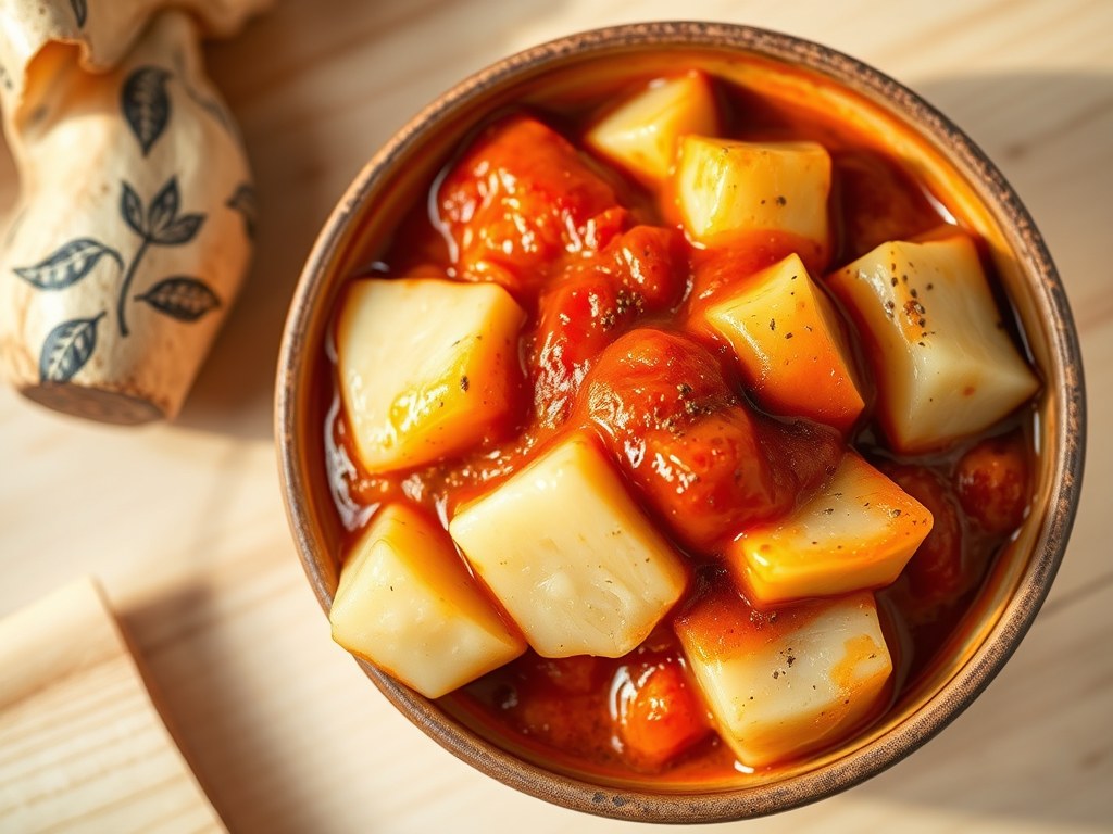 gestoofde knolselderij in tomatensaus, AI-gegenereerde illustratie