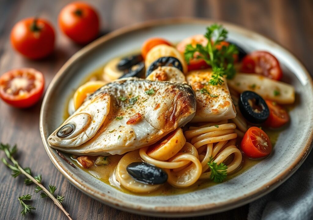 Gestoofde visschotel (Pesce in guazzetto), AI-gegenereerde illustratie