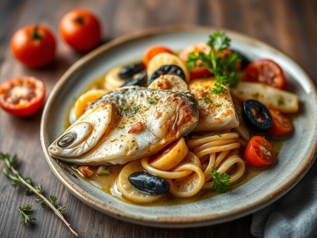 Gestoofde visschotel (Pesce in guazzetto) — AI-gegenereerde illustratie