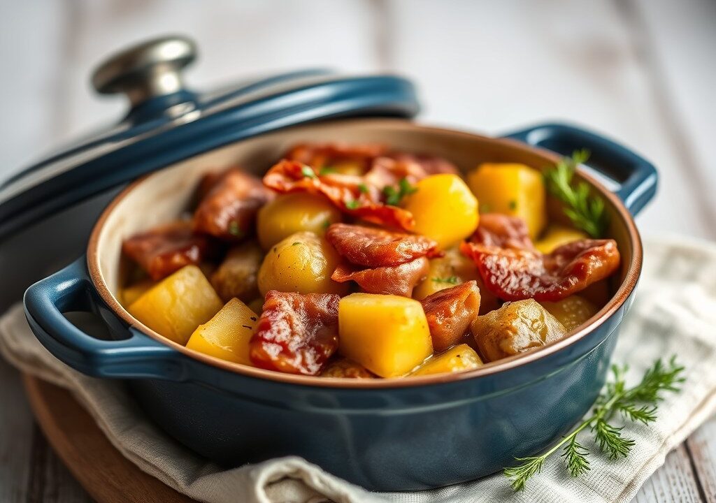 Gestoofde zuurkool met aardappelen in de Römertopf, AI-gegenereerde illustratie