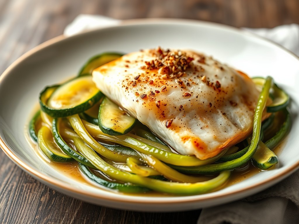 Gestoomde courgettes,prei en vis, AI-gegenereerde illustratie