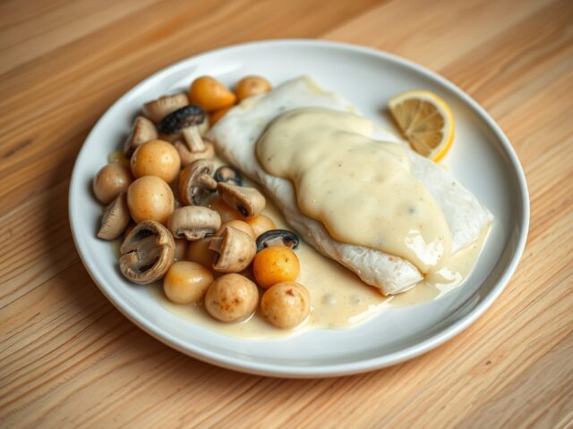 Gestoomde Groenlandse heilbot met mousselinesaus en champignonstoverij