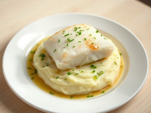 Gestoomde kabeljauw met aardappelpuree en bieslook