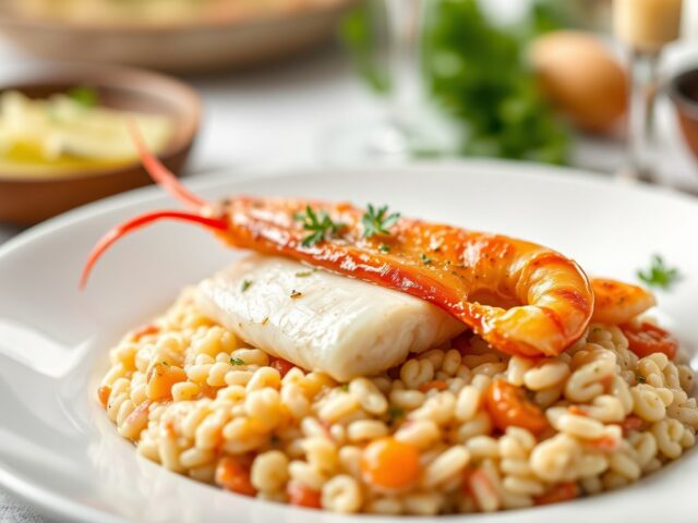 Gestoomde kabeljauw met Risotto van Gambas — AI-gegenereerde illustratie