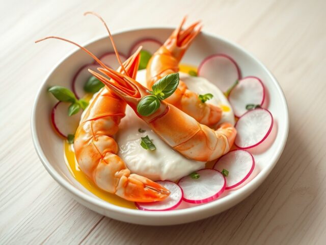 Gestoomde langoustine met radijs, plattekaas en basilicum