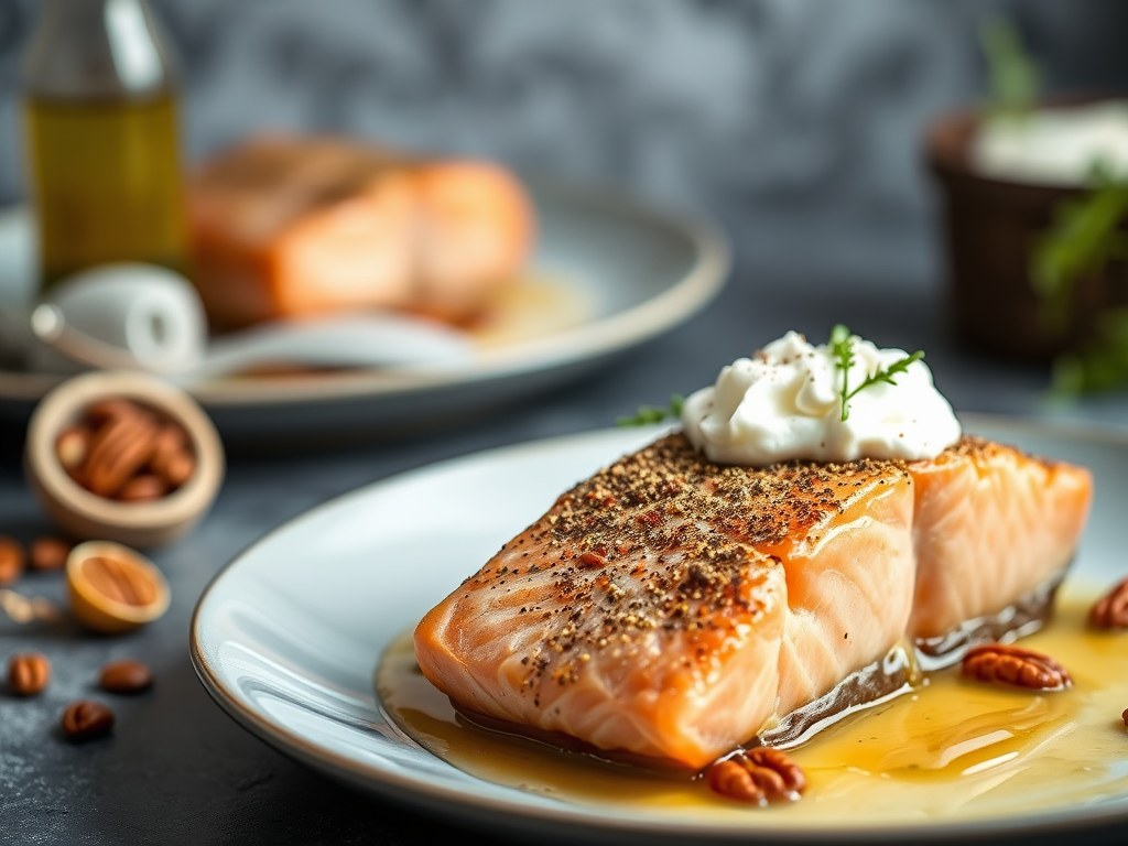 Gestoomde zalm met witlof en vanille, AI-gegenereerde illustratie