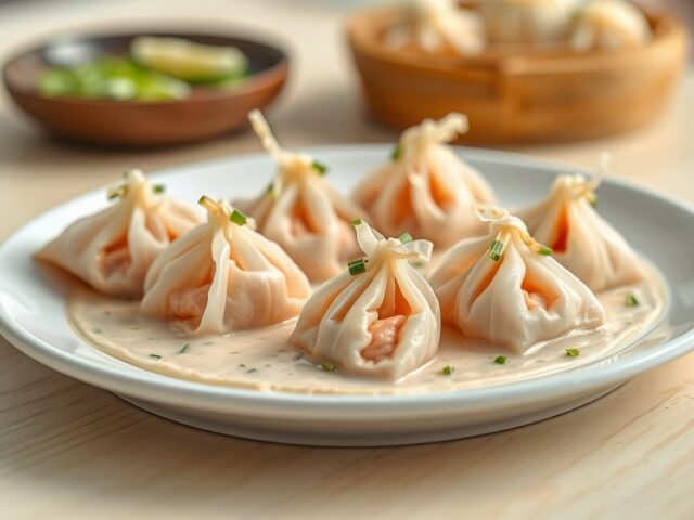 Gestoomde zalmbuideltjes met saus van kreeft en witte wijn
