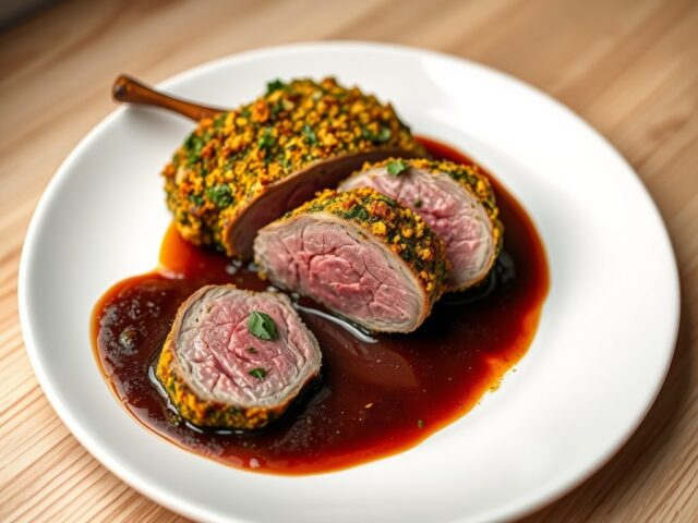 Geuldallam met kruidenkorst en peperkoeksaus