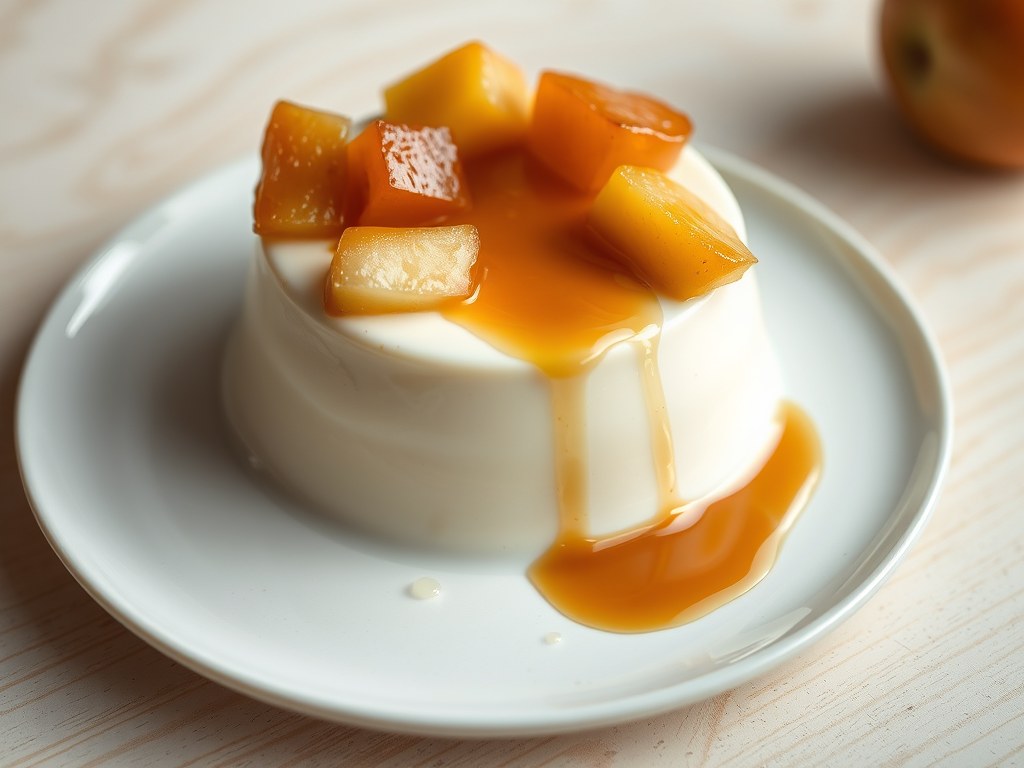Gevanilleerde panna cotta met gekarameliseerde appeltjes, AI-gegenereerde illustratie