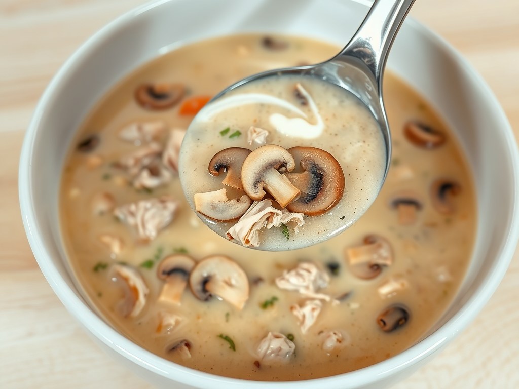 Gevogelteroomsoep met champignons, AI-gegenereerde illustratie
