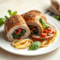 Gevuld konijn met pasta en gedroogde tomaat