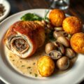 Gevuld parelhoen met witloof en kroketten