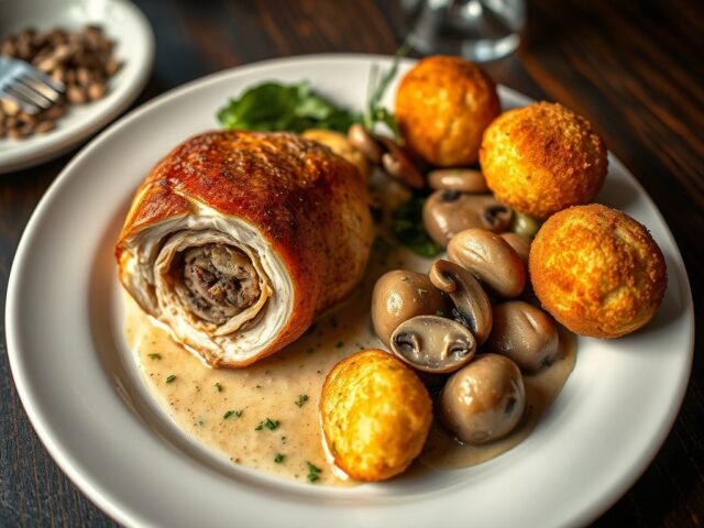 Gevuld parelhoen met witloof en kroketten