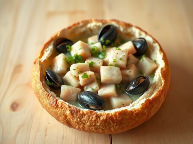 Gevuld rond brood met visragout