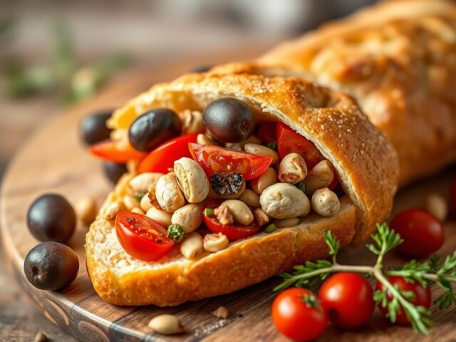 Gevuld stokbrood met tomaat en olijven