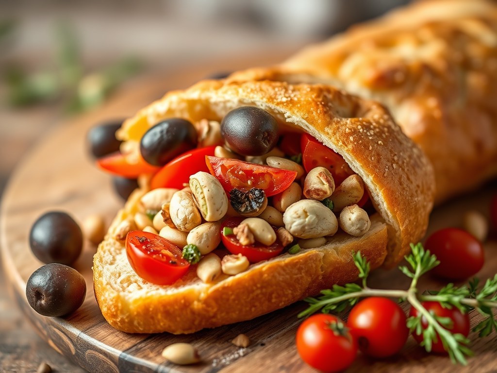 Gevuld stokbrood met tomaat en olijven, AI-gegenereerde illustratie