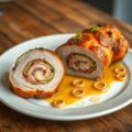 Gevuld varkenshaasje met lente uitjes en mosterdsaus