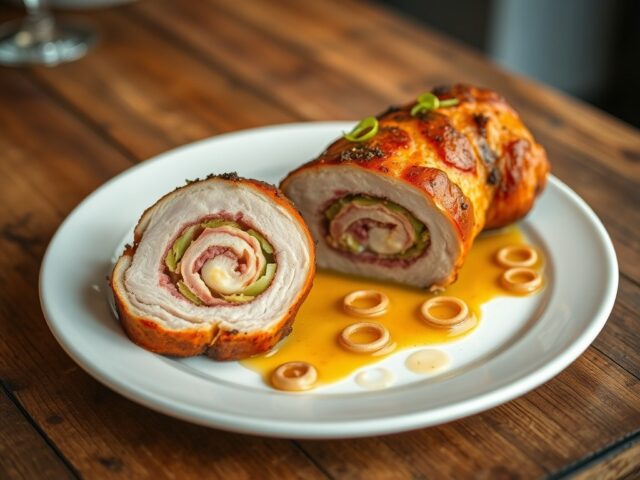 Gevuld varkenshaasje met lente uitjes en mosterdsaus