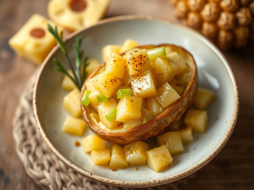 Gevulde aardappel met ananas en bleekselderij, AI-gegenereerde illustratie