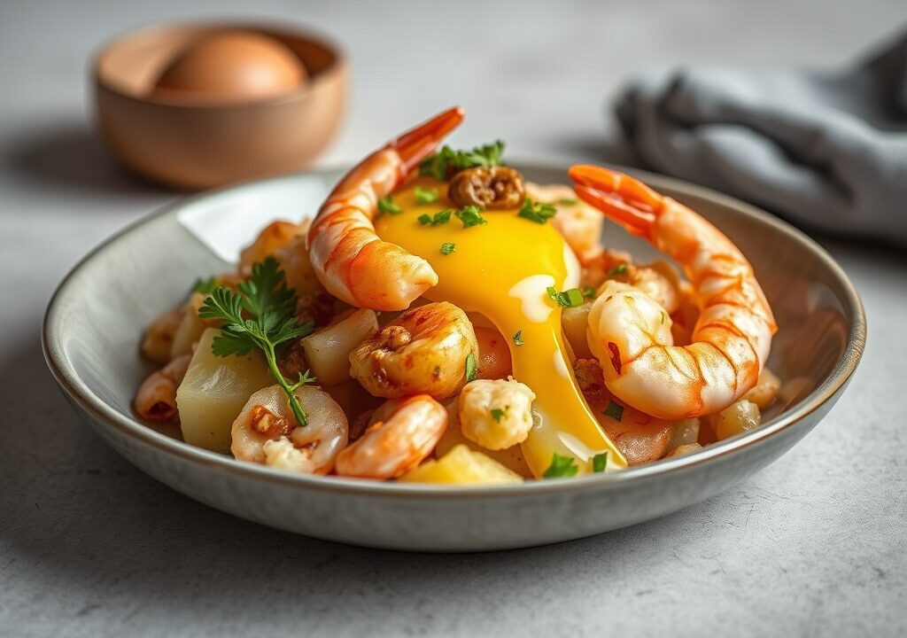 Gevulde aardappel met ei en garnaal — AI-gegenereerde illustratie