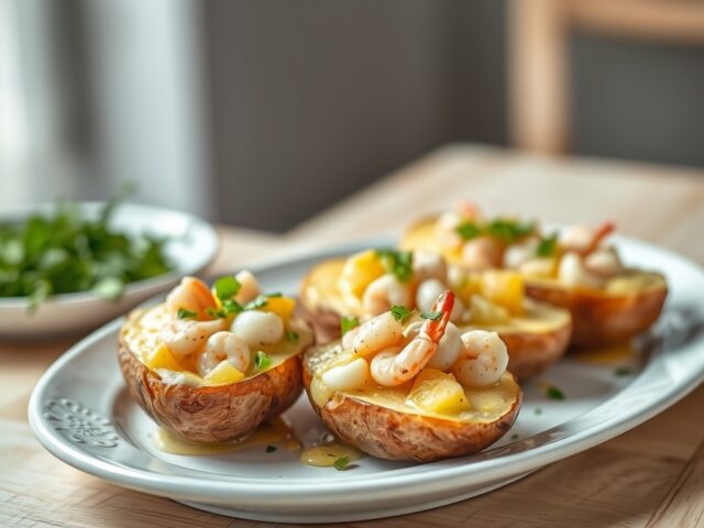 Gevulde aardappel met ei en garnaal