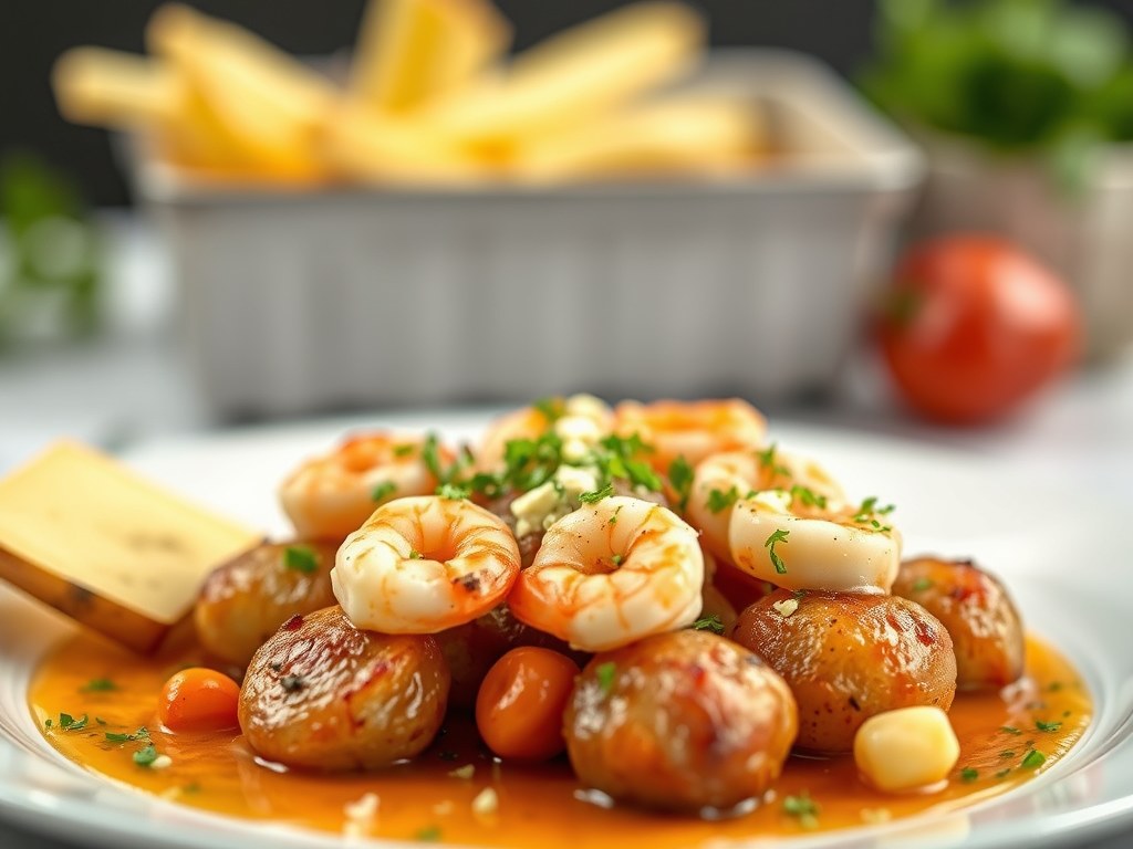 Gevulde aardappelen met Noordzeegarnalen, AI-gegenereerde illustratie