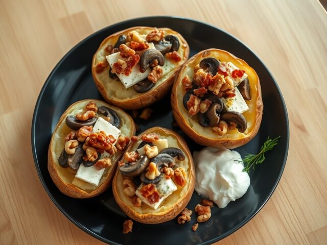 Gevulde aardappelen met pijnboompitten en champignons