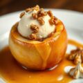 Gevulde appel met walnootijs en caramelsaus