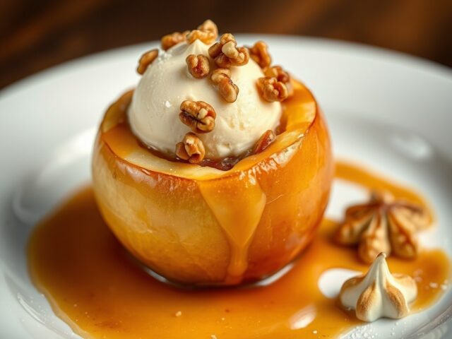 Gevulde appel met walnootijs en caramelsaus