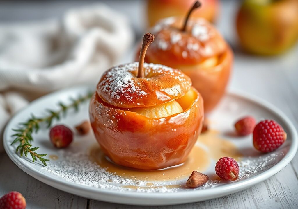 Gevulde appeltjes met speculaas en vanillevla, AI-gegenereerde illustratie